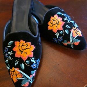 J. Crew Navy Mules with Floral Embroidery